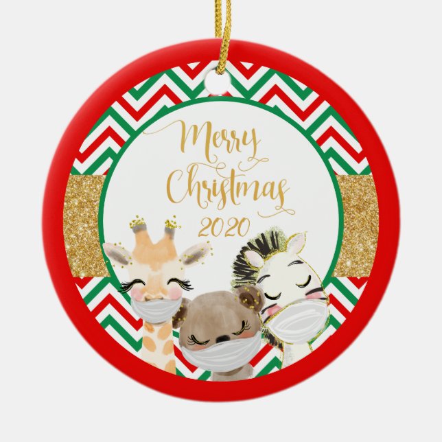 Merry Christmas Animals Face masks 2020 Ceramic Tree Decoration (Front)