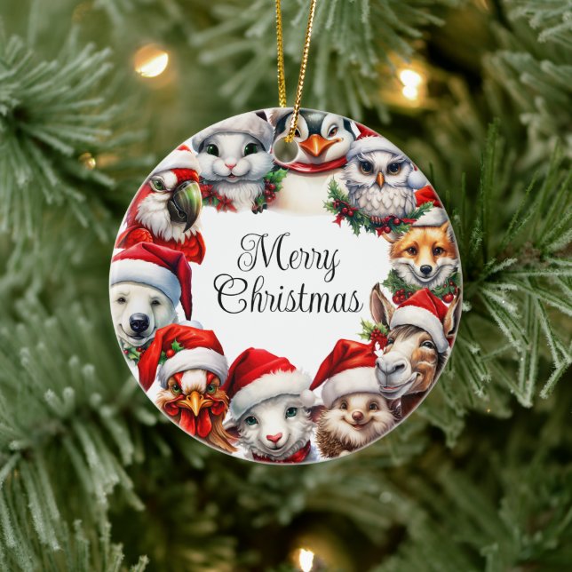 Merry Christmas Animals Santa Hat Ceramic Ornament (Tree)