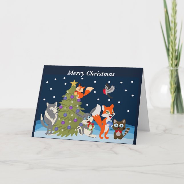 Merry Christmas Animated Animals Holiday Card (Front)