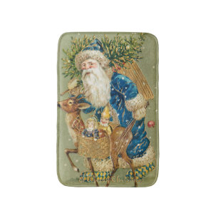 Merry Christmas, Antique Card, Santa and Reindeer Bath Mat