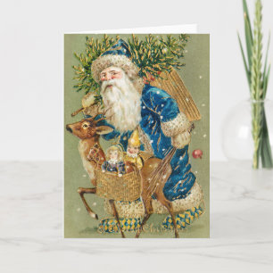 Merry Christmas, Antique Card, Santa and Reindeer Card