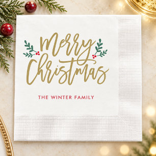 Merry Christmas Antique Gold Script Family Name Napkin