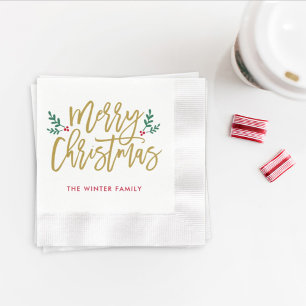 Merry Christmas Antique Gold Script Family Name Napkin