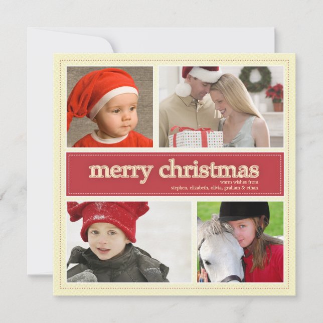 Merry Christmas Antique & Red 4 Photo Greeting Holiday Card (Front)