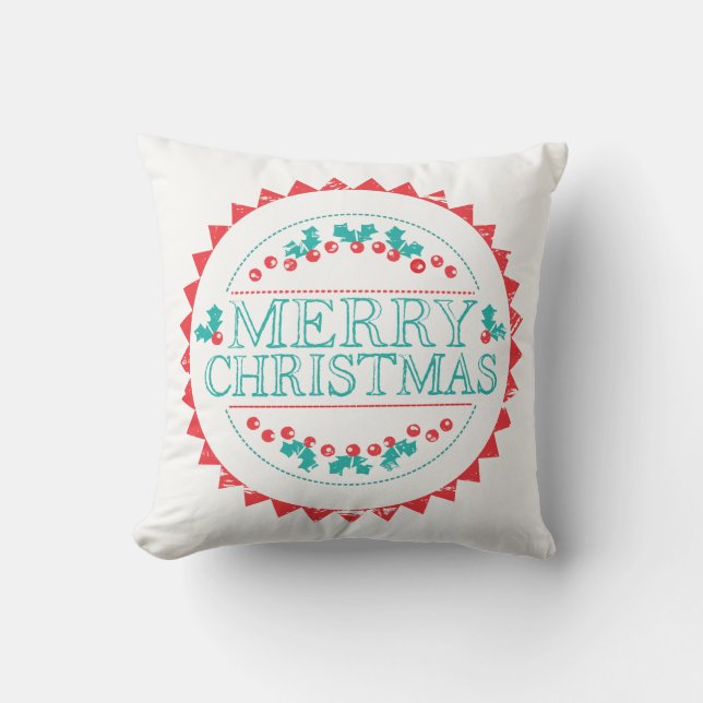 Merry Christmas Aqua & Red Chalk Stamp Typography Cushion (Front)