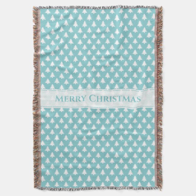 Merry Christmas Aqua/White Iconic Tree Pattern Throw Blanket (Front Vertical)