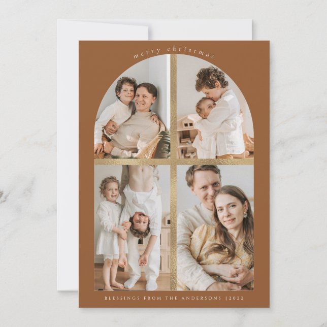 Merry Christmas Arch Cross Faux Gold Foil 4 Photos Holiday Card (Front)