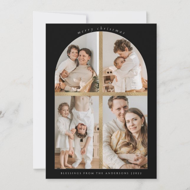 Merry Christmas Arch Cross Faux Gold Foil 4 Photos Holiday Card (Front)