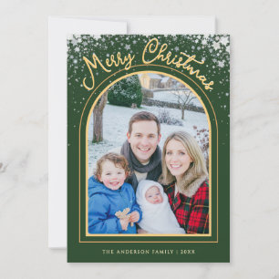 Merry Christmas Arch Photo Green Gold Personalised Holiday Card