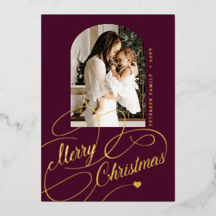 Merry Christmas arch photo real burgundy gold Foil Holiday Card