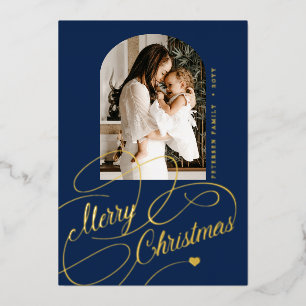 Merry Christmas arch photo real navy gold Foil Holiday Card