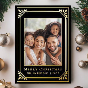 Merry Christmas Art Deco Photo Black Gold Foil Holiday Card