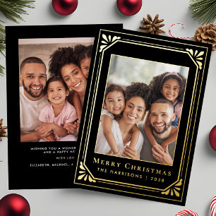 Merry Christmas Art Deco Photo Black Gold Foil Holiday Card
