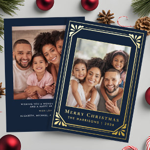 Merry Christmas Art Deco Photo Blue Gold Foil Holiday Card
