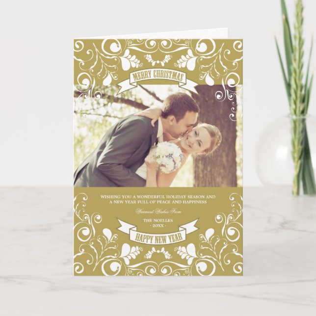 Merry Christmas Art Nouveau Floral Flourish Photo Holiday Card (Front)