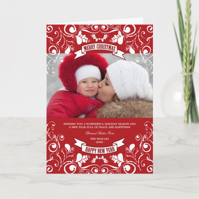 Merry Christmas Art Nouveau Floral Flourish Photo Holiday Card (Front)