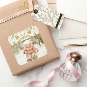 Merry Christmas Art Nouveau Floral Flourish Photo Square Sticker