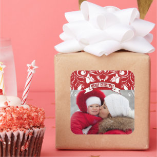 Merry Christmas Art Nouveau Floral Flourish Photo Square Sticker