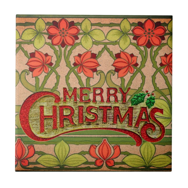 Merry Christmas Art Nouveau Victorian Ceramic Tile (Front)