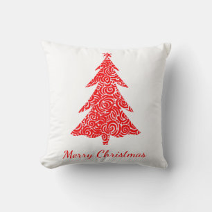 Merry Christmas, artistic red swirls tree, w/ star Cushion