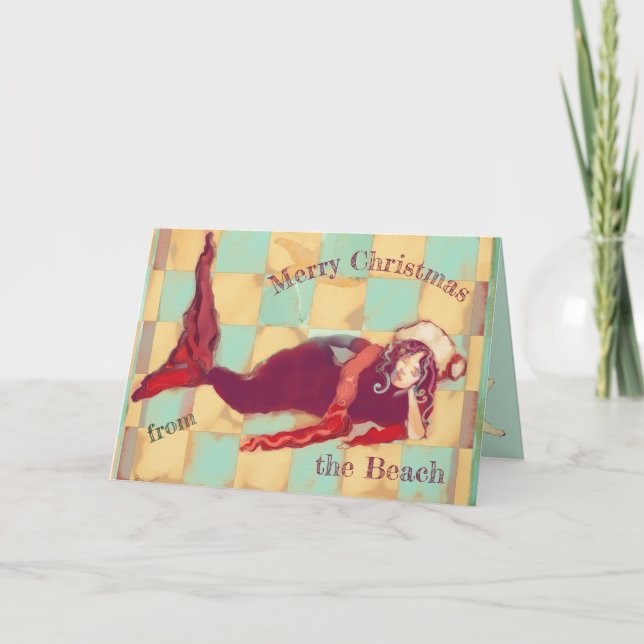 Merry Christmas Artsy Beach Mermaid Santa Holiday Card (Front)