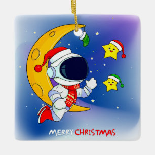 Merry Christmas Astronaut and the Moon Ceramic Ornament