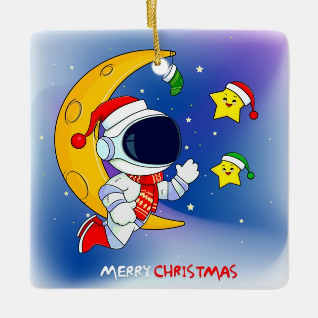 Merry Christmas Astronaut and the Moon Ceramic Ornament (Front)