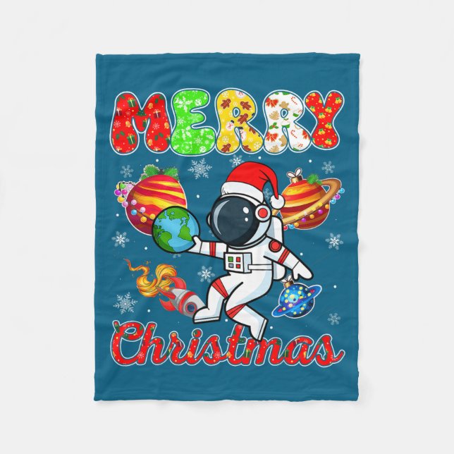 Merry Christmas Astronaut Santa Hat Snowflakes Tre Fleece Blanket (Front)