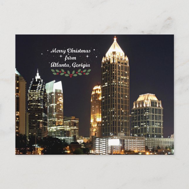 "Merry Christmas," Atlanta, Georgia Skyline Holiday Postcard (Front)