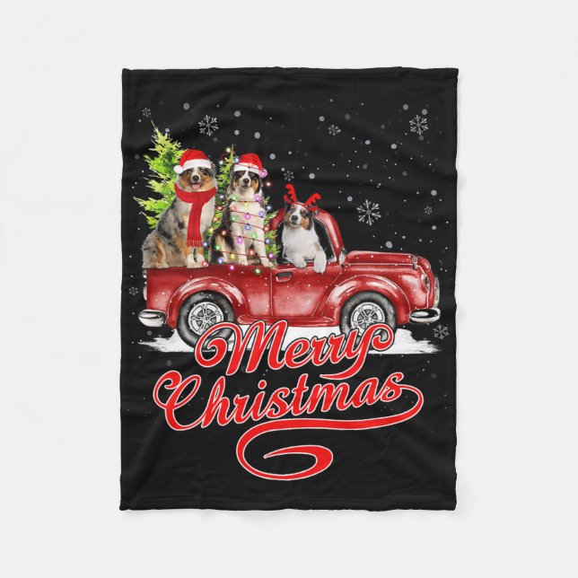 Merry Christmas Australian Shepherd Santa Reindeer Fleece Blanket (Front)