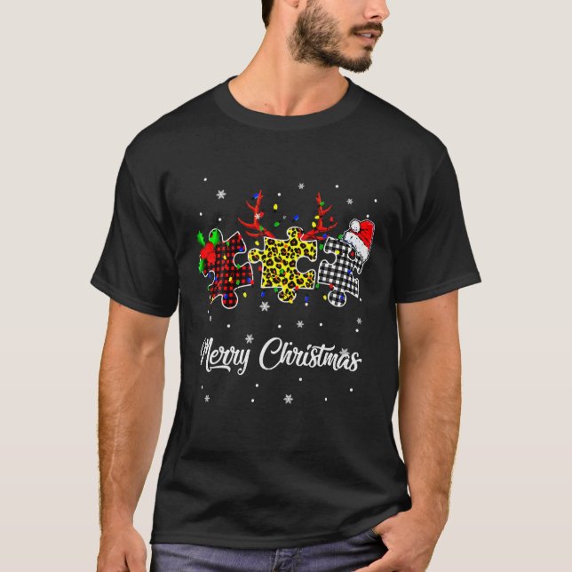 Merry Christmas Autism Puzzle Leopard With Santa H T-Shirt (Front)