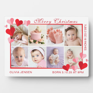 Merry Christmas Baby Birth Stats 4 Photo Red heart Plaque
