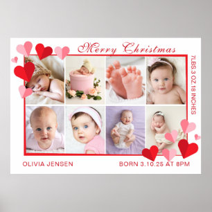 Merry Christmas Baby Birth Stats 4 Photo Red heart Poster