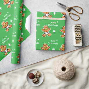 Merry Christmas!Baby Gingerbread on Green-Editable Wrapping Paper