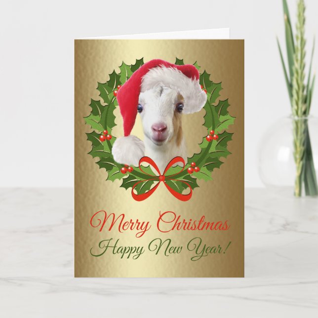 Merry Christmas Baby LaMancha Goat Kid Painting Holiday Card (Front)