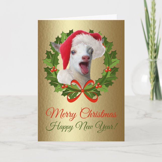 Merry Christmas Baby Nigerian Dwarf Goat Kid Holiday Card (Front)