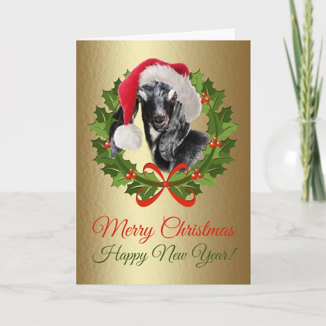 Merry Christmas Baby Nubian Goat Kid Oil Painting Holiday Card (Front)