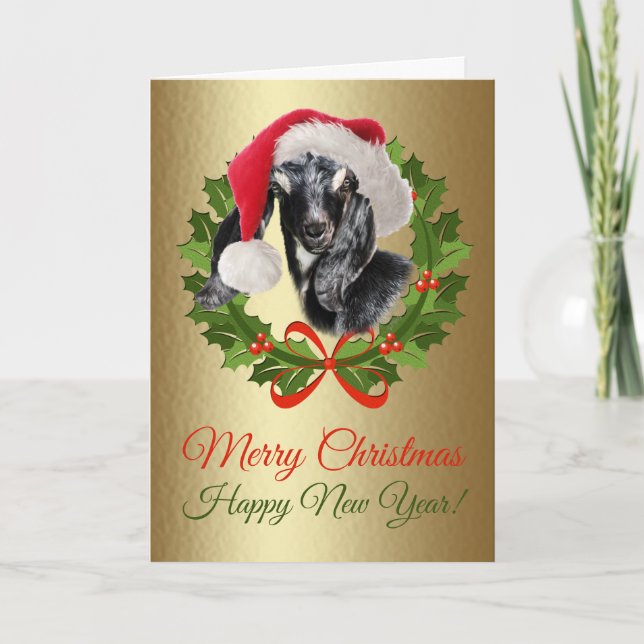 Merry Christmas Baby Nubian Goat Kid Oil Painting Holiday Card (Front)