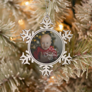 Merry Christmas Baby Photo Snowflake Pewter Christmas Ornament
