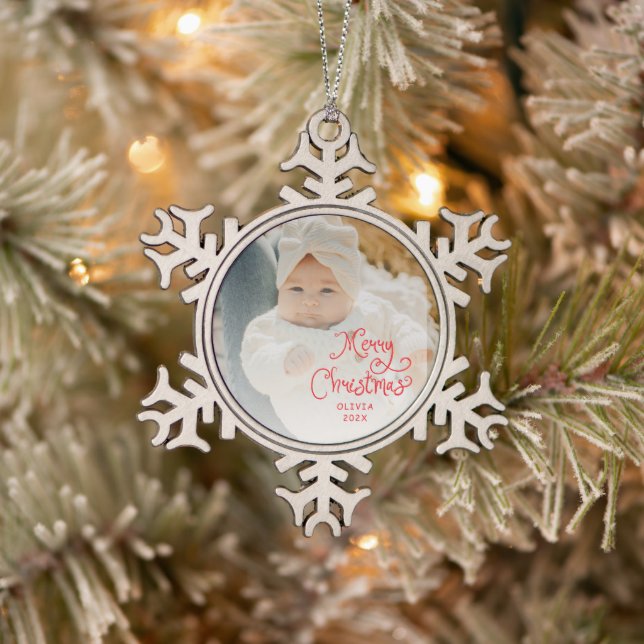 Merry Christmas Baby Photo Snowflake Pewter Christmas Ornament (Tree)