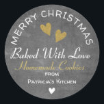 Merry Christmas Baked With Love Cookies Chalkboard Classic Round Sticker<br><div class="desc">Baked With love stickers for your homemade cookies gift bags this holiday season. Personalise with your name.</div>