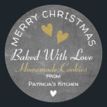 Merry Christmas Baked With Love Cookies Chalkboard Classic Round Sticker<br><div class="desc">Baked With love stickers for your homemade cookies gift bags this holiday season. Personalise with your name.</div>
