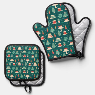 Merry Christmas Baking Pattern Oven Mitt & Pot Holder Set