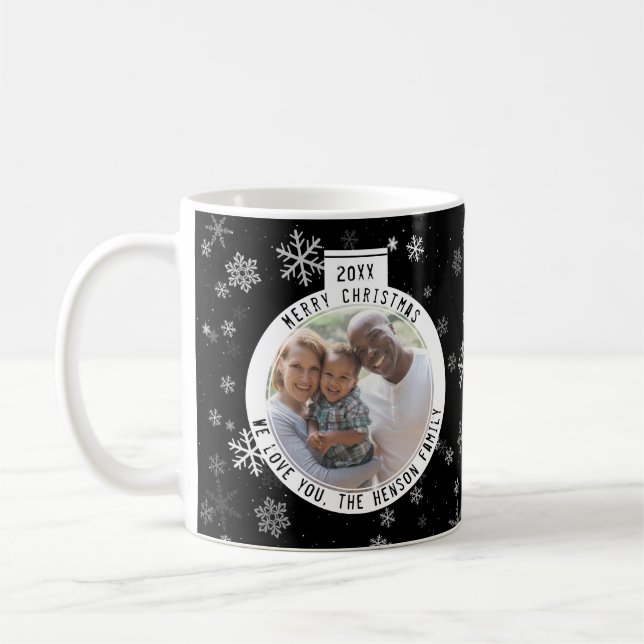 Merry Christmas Ball Black and White Snowflake Coffee Mug (Left)