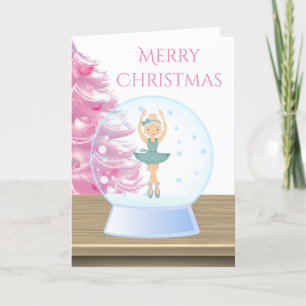 Merry Christmas Ballerina Snow Globe Pink, White Holiday Card