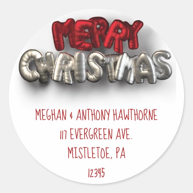 Merry Christmas Balloon Letters Return Address Classic Round Sticker (Front)