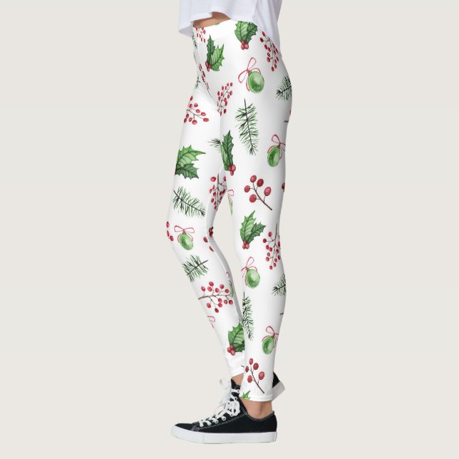 Merry Christmas Balls Holly Berries Pine Leggings (Left)