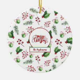 Merry Christmas Balls Holly Berries Pine Monogram Ceramic Tree Decoration