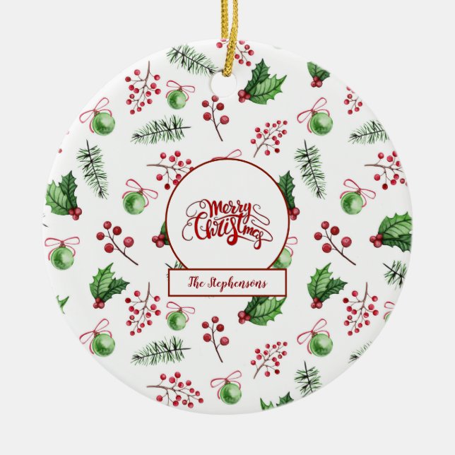 Merry Christmas Balls Holly Berries Pine Monogram Ceramic Tree Decoration (Front)