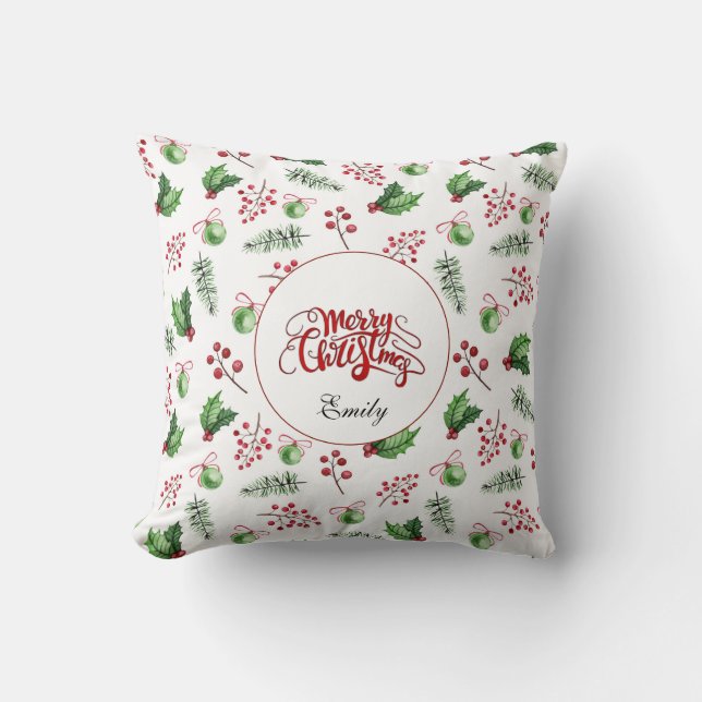 Merry Christmas Balls Holly Berries Pine Monogram Cushion (Front)
